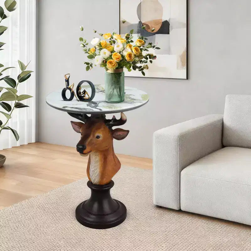 Table d'appoint animalière avec plateau imitation marbre, Table d'appoint sculpturale pour salon et chambre