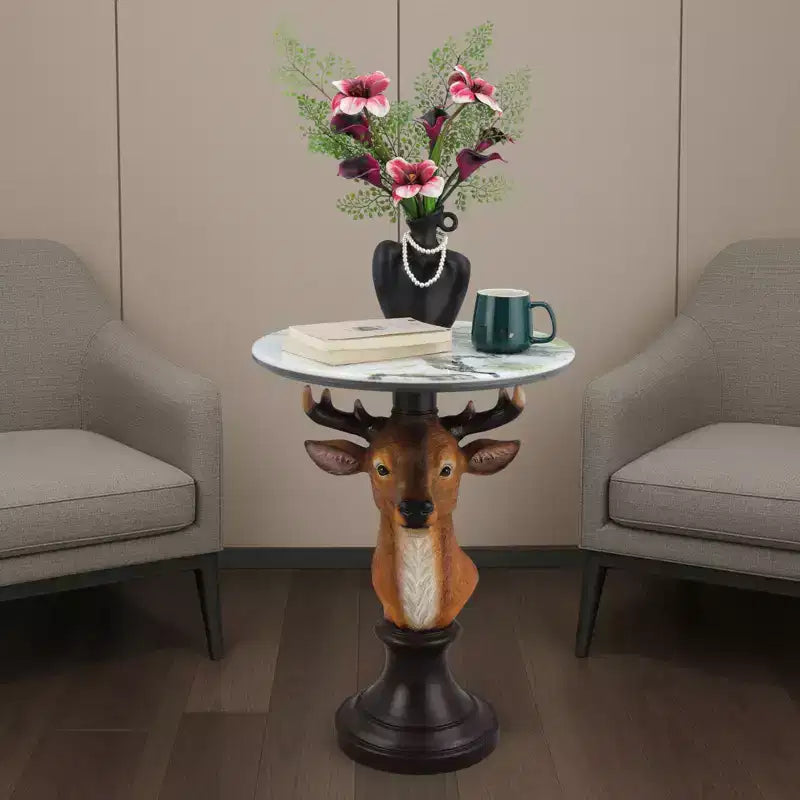 Table d'appoint animalière avec plateau imitation marbre, Table d'appoint sculpturale pour salon et chambre
