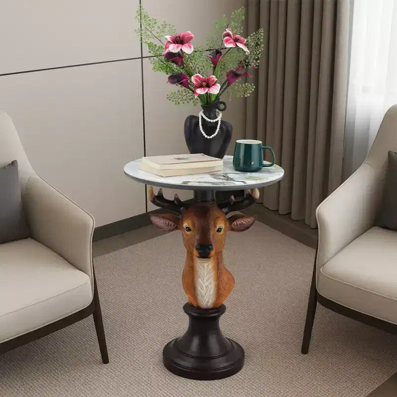 Table d'appoint animalière avec plateau imitation marbre, Table d'appoint sculpturale pour salon et chambre
