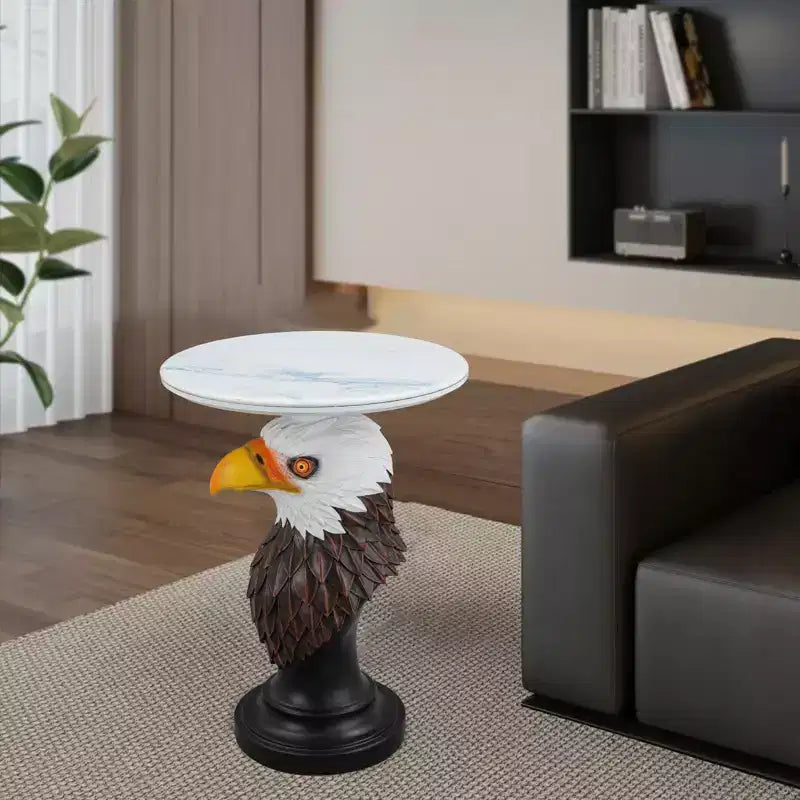 Table d'appoint animalière avec plateau imitation marbre, Table d'appoint sculpturale pour salon et chambre