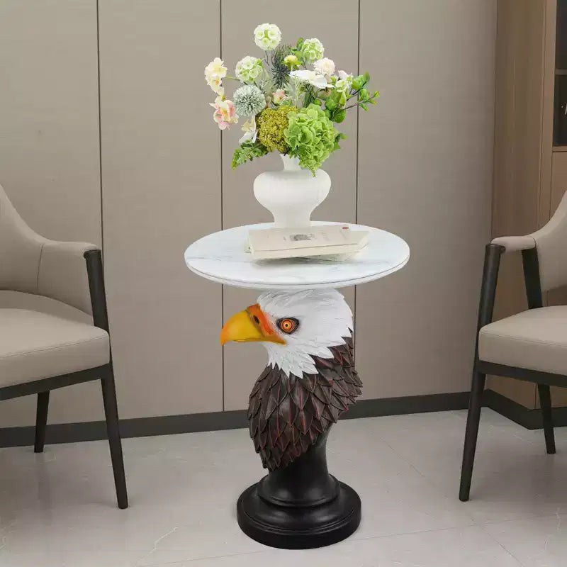 Table d'appoint animalière avec plateau imitation marbre, Table d'appoint sculpturale pour salon et chambre