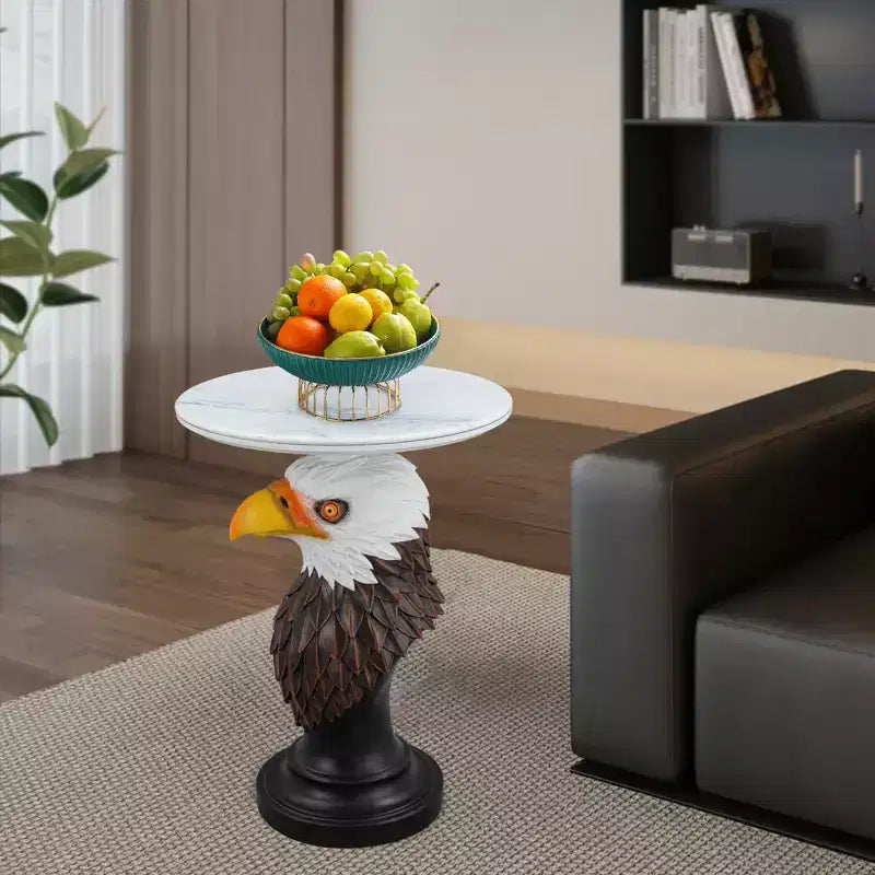 Table d'appoint animalière avec plateau imitation marbre, Table d'appoint sculpturale pour salon et chambre