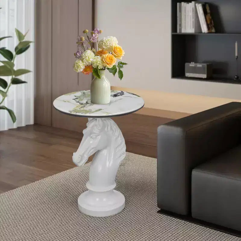 Table d'appoint animalière avec plateau imitation marbre, Table d'appoint sculpturale pour salon et chambre