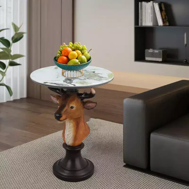 Table d'appoint animalière avec plateau imitation marbre, Table d'appoint sculpturale pour salon et chambre