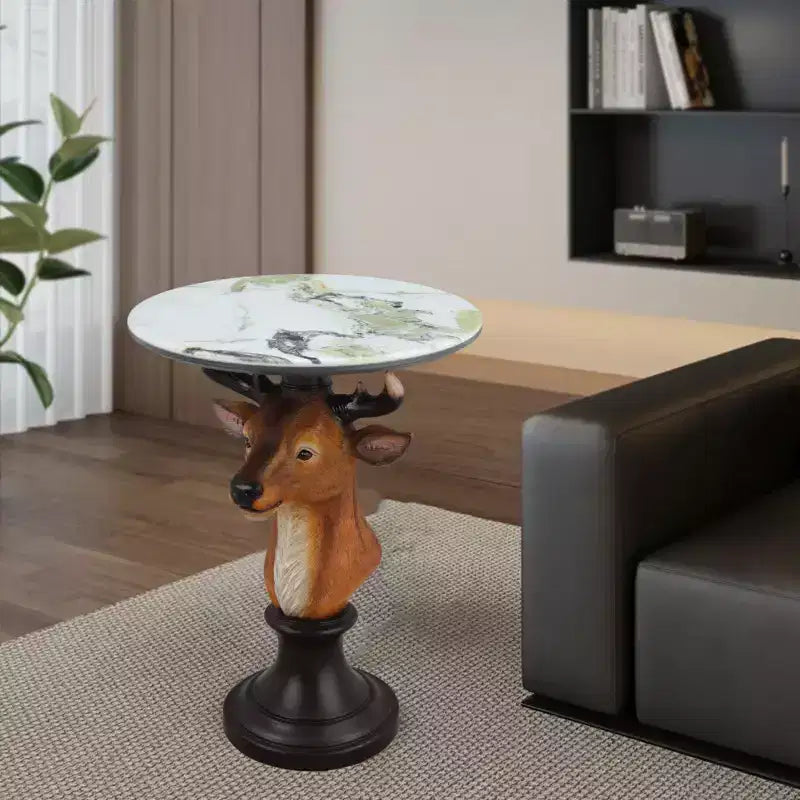 Table d'appoint animalière avec plateau imitation marbre, Table d'appoint sculpturale pour salon et chambre