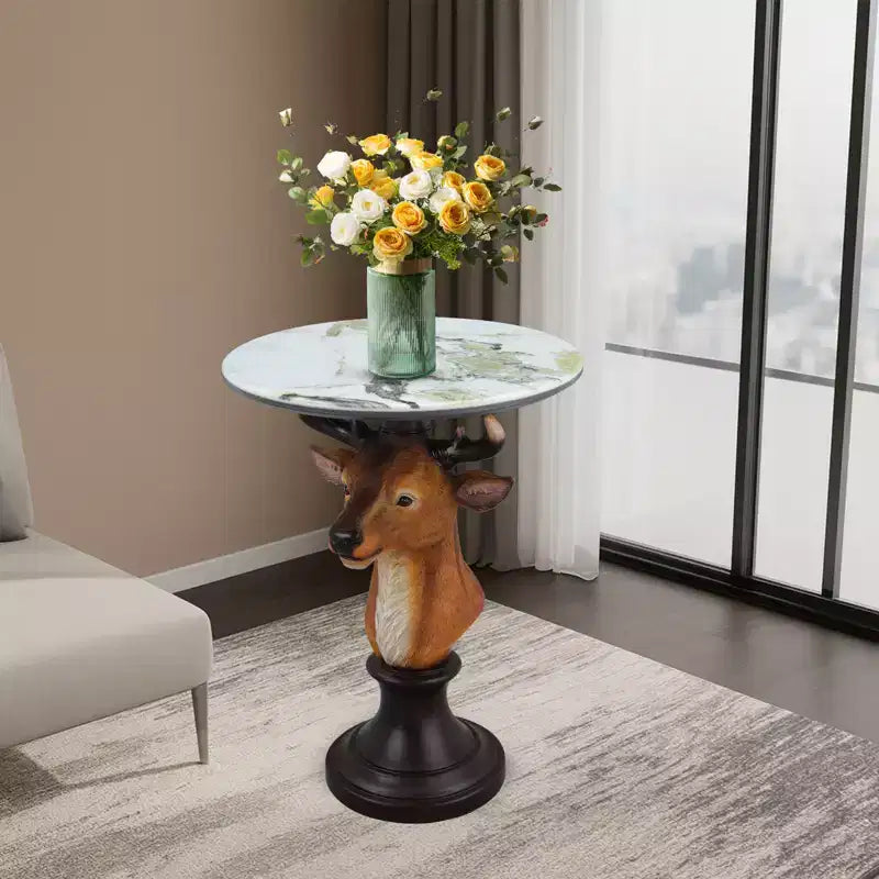 Table d'appoint animalière avec plateau imitation marbre, Table d'appoint sculpturale pour salon et chambre
