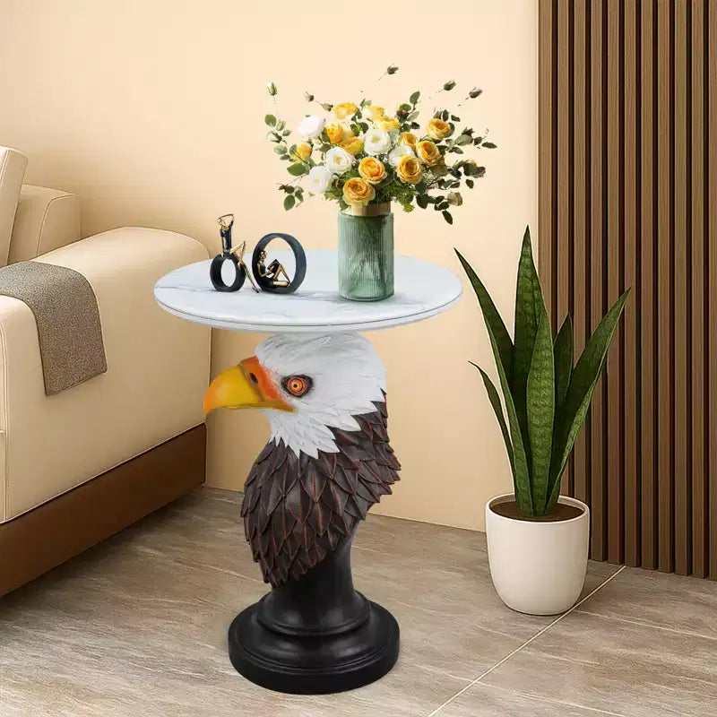 Table d'appoint animalière avec plateau imitation marbre, Table d'appoint sculpturale pour salon et chambre