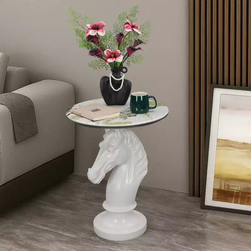 Table d'appoint animalière avec plateau imitation marbre, Table d'appoint sculpturale pour salon et chambre