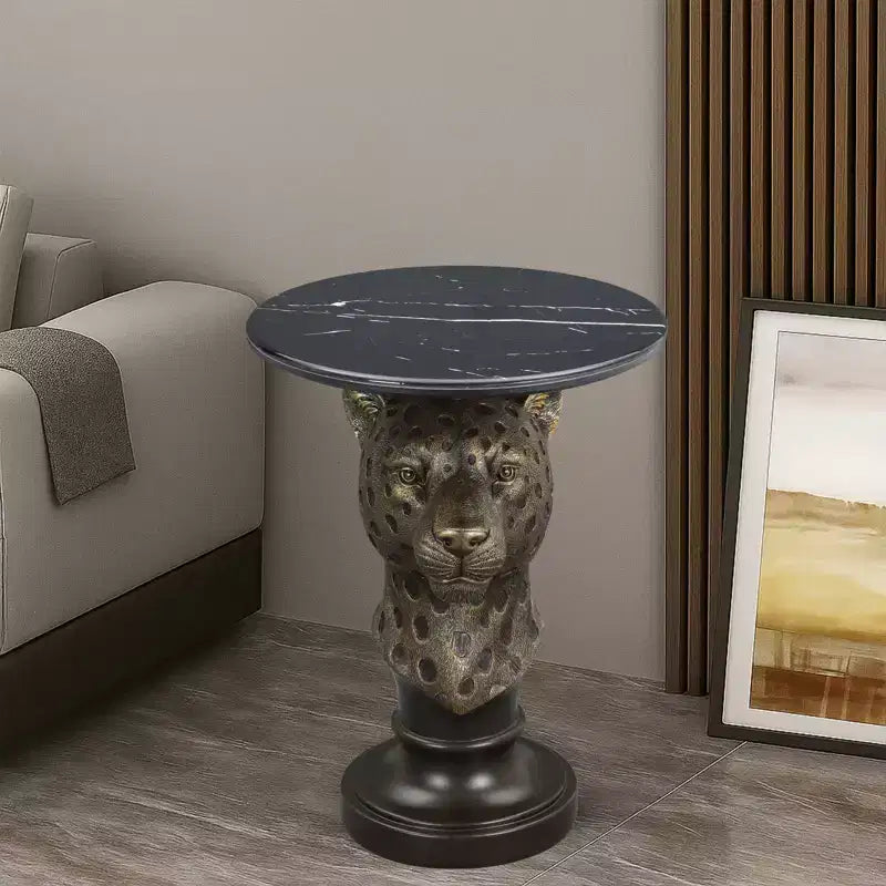 Table d'appoint animalière avec plateau imitation marbre, Table d'appoint sculpturale pour salon et chambre