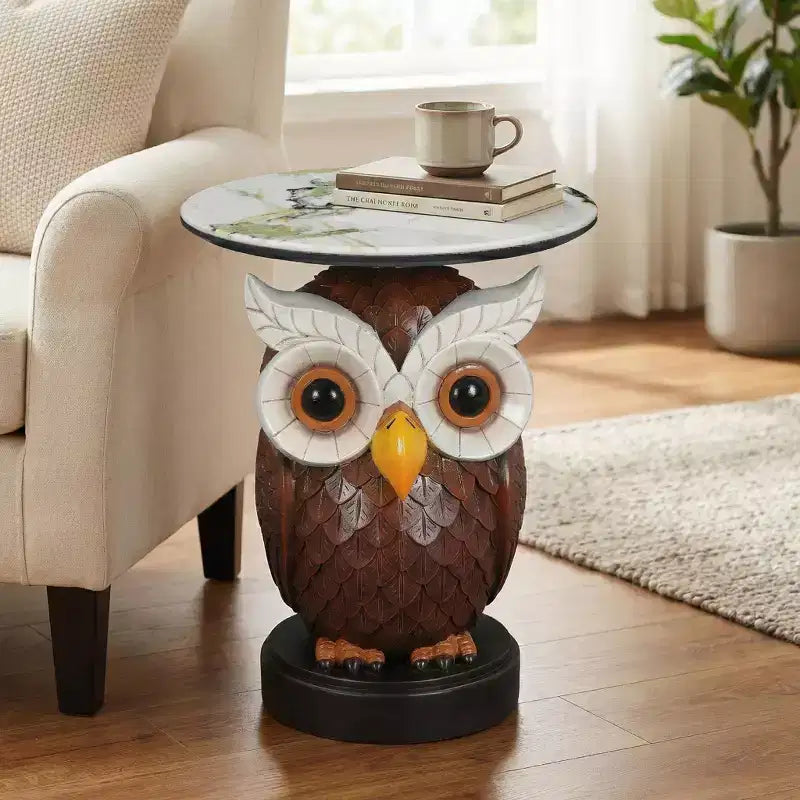 Table d'appoint animalière avec plateau imitation marbre, Table d'appoint sculpturale pour salon et chambre