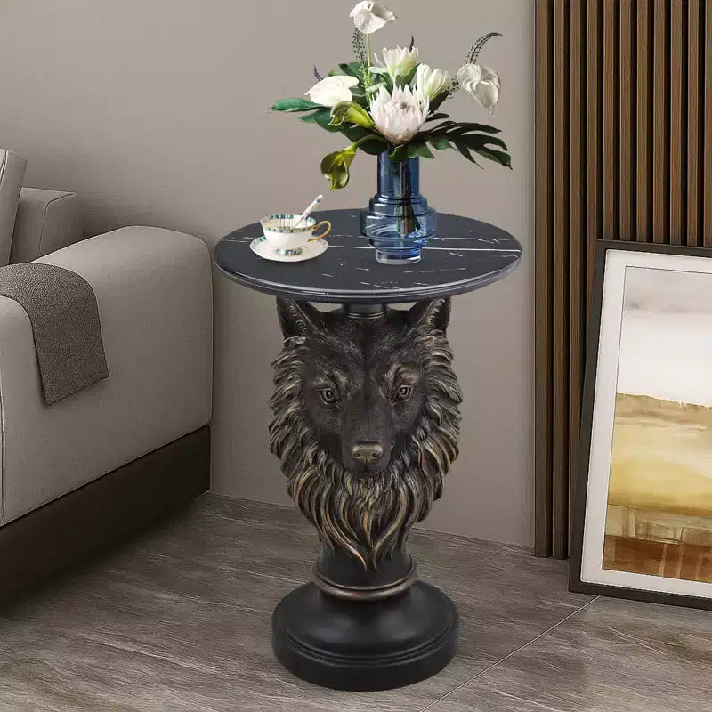 Table d'appoint animalière avec plateau imitation marbre, Table d'appoint sculpturale pour salon et chambre