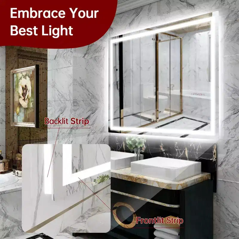 Miroir de salle de bain anti-buée SUMERAIN 48x40 incassable, miroir mural LED ETL en verre trempé