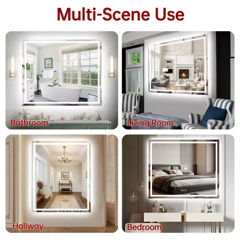 Miroir de salle de bain anti-buée SUMERAIN 48x40 incassable, miroir mural LED ETL en verre trempé
