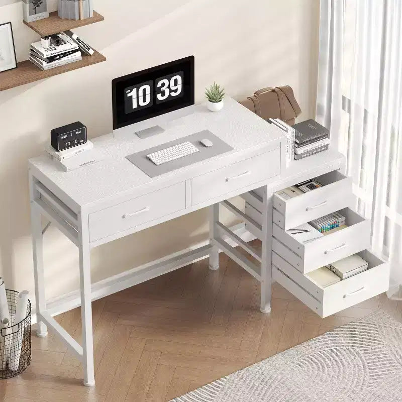 JIONJOY Bureau informatique 51" avec 5 tiroirs et support d'imprimante, bureau d'écriture pour la maison et le bureau, pour l'étude, la chambre et le salon