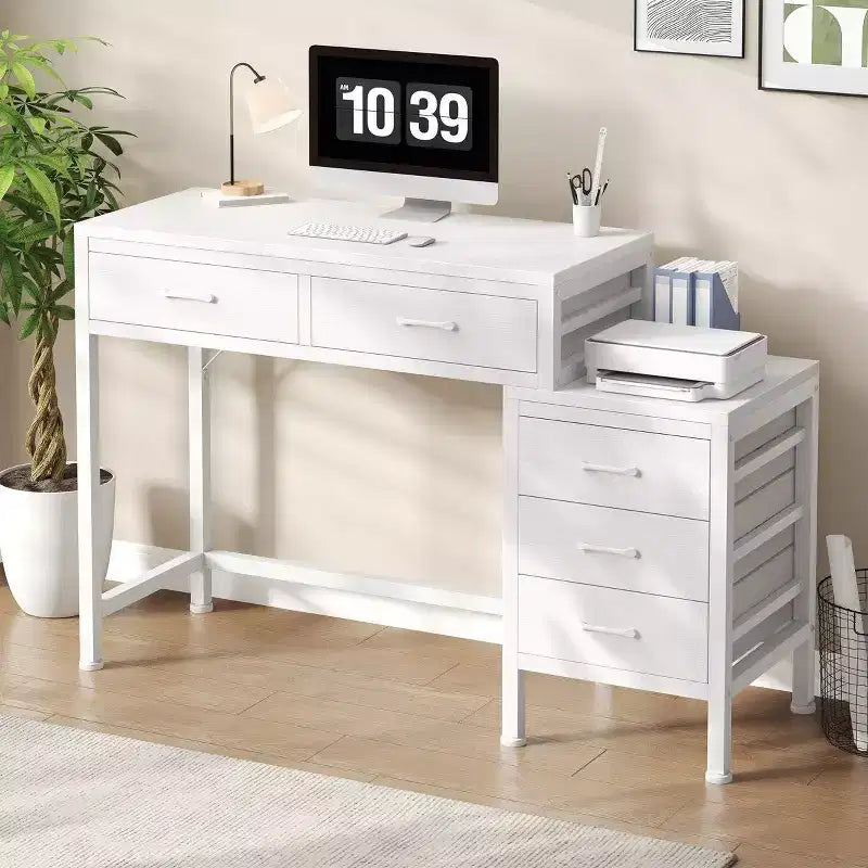 JIONJOY Bureau informatique 51" avec 5 tiroirs et support d'imprimante, bureau d'écriture pour la maison et le bureau, pour l'étude, la chambre et le salon
