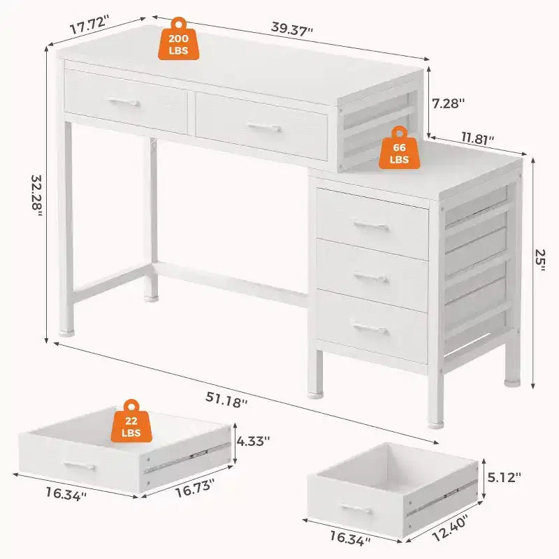 JIONJOY Bureau informatique 51" avec 5 tiroirs et support d'imprimante, bureau d'écriture pour la maison et le bureau, pour l'étude, la chambre et le salon