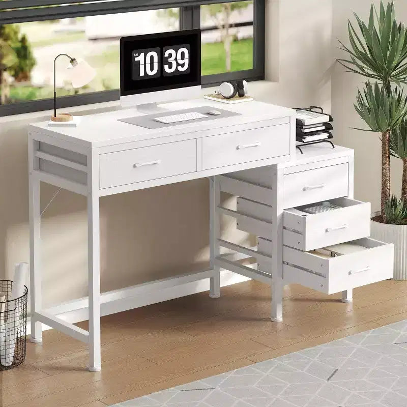 JIONJOY Bureau informatique 51" avec 5 tiroirs et support d'imprimante, bureau d'écriture pour la maison et le bureau, pour l'étude, la chambre et le salon