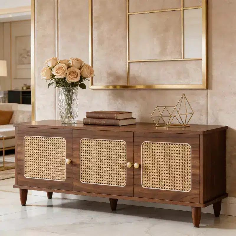 GDFStudio Yinghou Farmhouse Banquette de rangement à 2 niveaux en bois de 55 pouces avec portes en rotin PVC