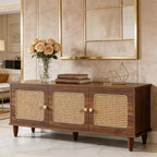 GDFStudio Yinghou Farmhouse Banquette de rangement à 2 niveaux en bois de 55 pouces avec portes en rotin PVC