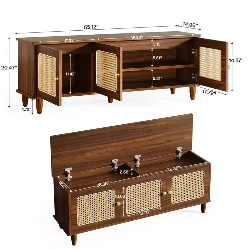 GDFStudio Yinghou Farmhouse Banquette de rangement à 2 niveaux en bois de 55 pouces avec portes en rotin PVC