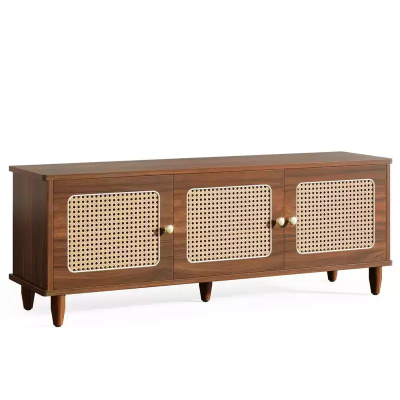 GDFStudio Yinghou Farmhouse Banquette de rangement à 2 niveaux en bois de 55 pouces avec portes en rotin PVC