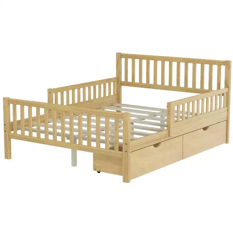 Lit de plateforme double en bois avec barrières de sécurité et 2 tiroirs de rangement, naturel