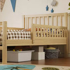 Lit de plateforme double en bois avec barrières de sécurité et 2 tiroirs de rangement, naturel