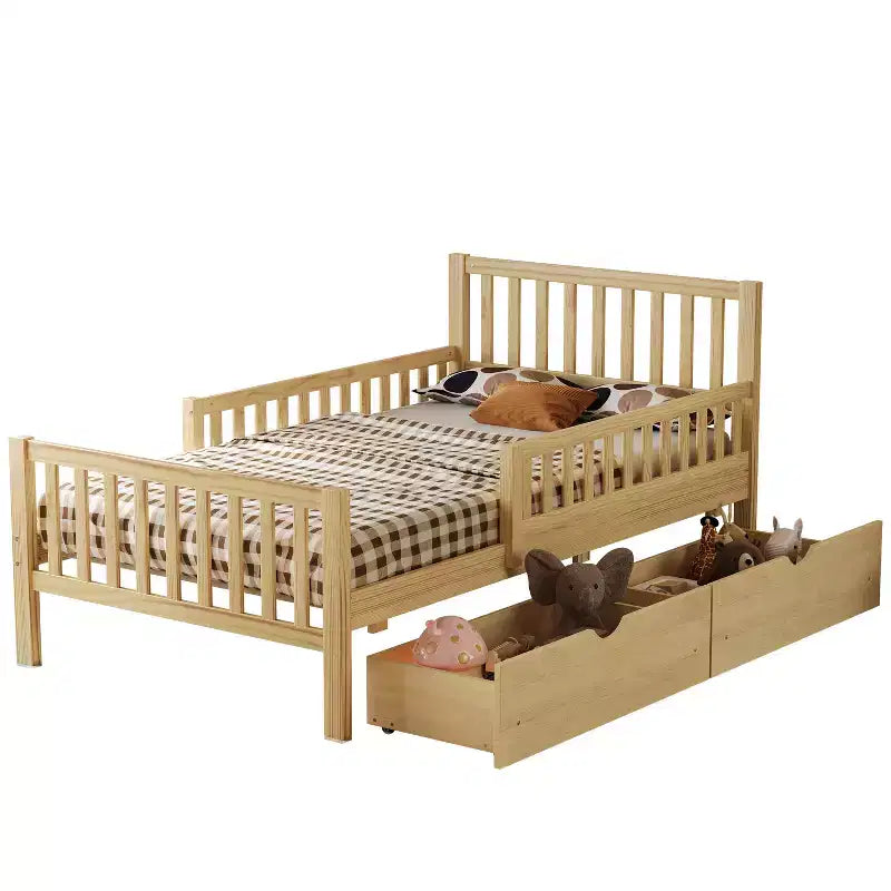 Lit de plateforme double en bois avec barrières de sécurité et 2 tiroirs de rangement, naturel