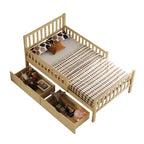 Lit de plateforme double en bois avec barrières de sécurité et 2 tiroirs de rangement, naturel