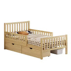 Lit de plateforme double en bois avec barrières de sécurité et 2 tiroirs de rangement, naturel