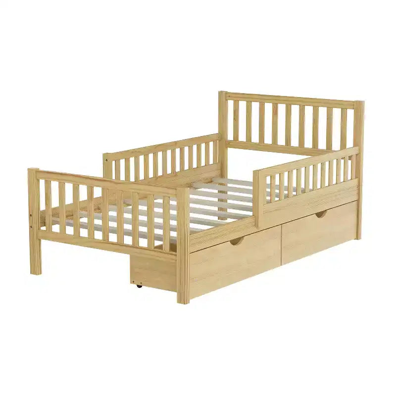 Lit de plateforme double en bois avec barrières de sécurité et 2 tiroirs de rangement, naturel