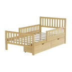 Lit de plateforme double en bois avec barrières de sécurité et 2 tiroirs de rangement, naturel