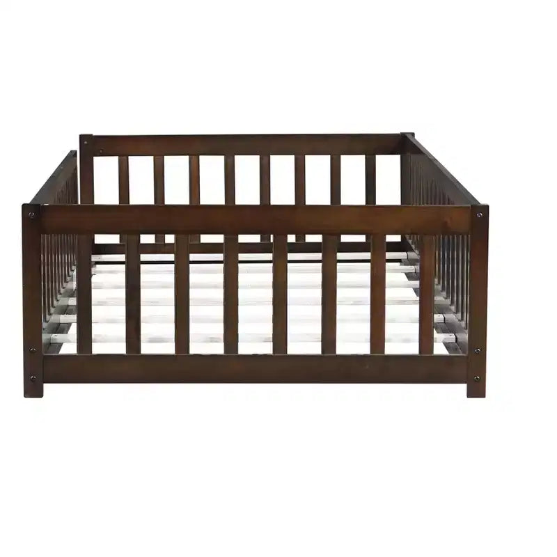 Lit Montessori double au sol avec clôture, lit pour enfants en bois d'hévéa avec barrières de sécurité, expresso