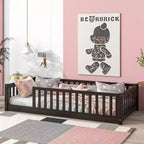 Lit Montessori double au sol avec clôture, lit pour enfants en bois d'hévéa avec barrières de sécurité, expresso