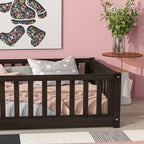 Lit Montessori double au sol avec clôture, lit pour enfants en bois d'hévéa avec barrières de sécurité, expresso