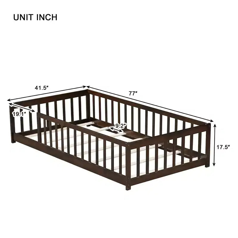 Lit Montessori double au sol avec clôture, lit pour enfants en bois d'hévéa avec barrières de sécurité, expresso