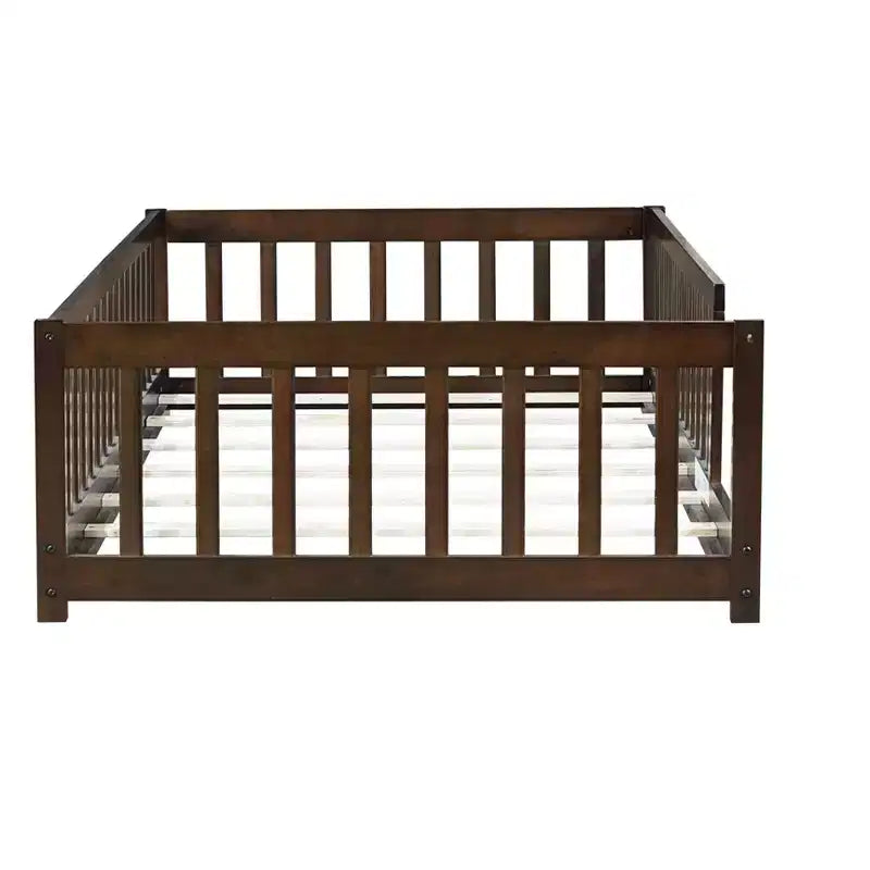 Lit Montessori double au sol avec clôture, lit pour enfants en bois d'hévéa avec barrières de sécurité, expresso