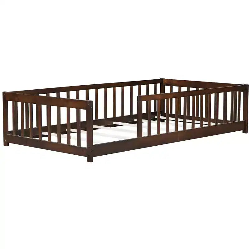 Lit Montessori double au sol avec clôture, lit pour enfants en bois d'hévéa avec barrières de sécurité, expresso