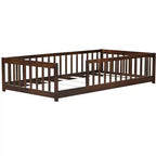 Lit Montessori double au sol avec clôture, lit pour enfants en bois d'hévéa avec barrières de sécurité, expresso