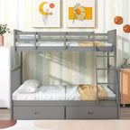 Twin Over Full Bunk Bed with Storage Drawers, Wooden Bed with Ladder and Safety Guardrails, Gray