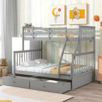 Lit superposé jumeau sur grand avec tiroirs de rangement, lit en bois avec échelle et garde-corps de sécurité, gris