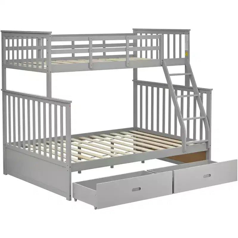 Lit superposé jumeau sur grand avec tiroirs de rangement, lit en bois avec échelle et garde-corps de sécurité, gris