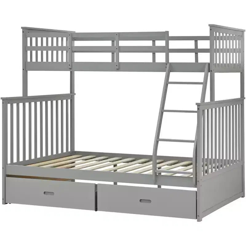 Lit superposé jumeau sur grand avec tiroirs de rangement, lit en bois avec échelle et garde-corps de sécurité, gris