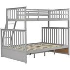 Lit superposé jumeau sur grand avec tiroirs de rangement, lit en bois avec échelle et garde-corps de sécurité, gris