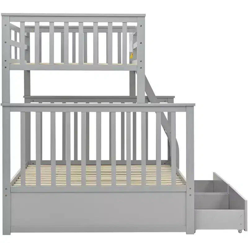 Lit superposé jumeau sur grand avec tiroirs de rangement, lit en bois avec échelle et garde-corps de sécurité, gris