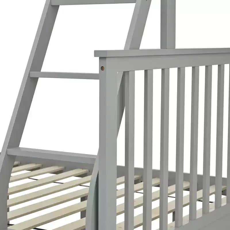 Lit superposé jumeau sur grand avec tiroirs de rangement, lit en bois avec échelle et garde-corps de sécurité, gris
