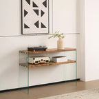 Console en MDF Noyer avec Plateau en Verre Trempé, Table d'Entrée Moderne pour Couloir et Salon