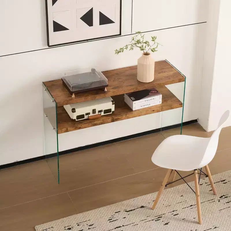 Console en MDF Noyer avec Plateau en Verre Trempé, Table d'Entrée Moderne pour Couloir et Salon