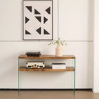 Console en MDF Noyer avec Plateau en Verre Trempé, Table d'Entrée Moderne pour Couloir et Salon