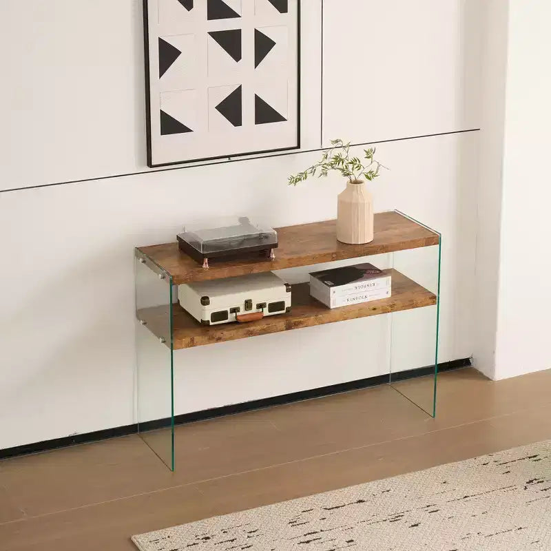 Console en MDF Noyer avec Plateau en Verre Trempé, Table d'Entrée Moderne pour Couloir et Salon